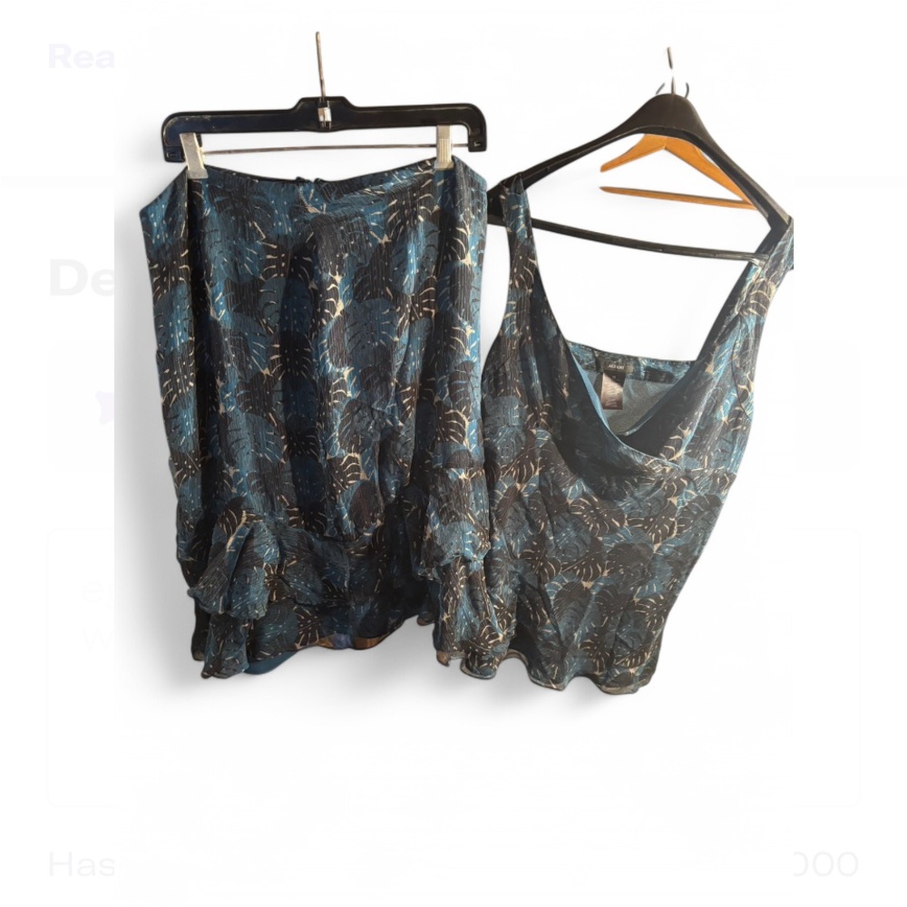 Blue and Black Leaf Print Top and Skirt Set